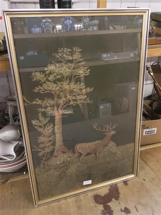 Framed embroidery of deer, etc